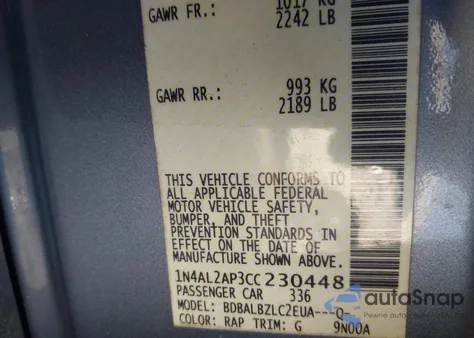 2012 Nissan Altima 2.5 S z USA, uszkodzony, nr VIN 1N4AL2AP3CC230448